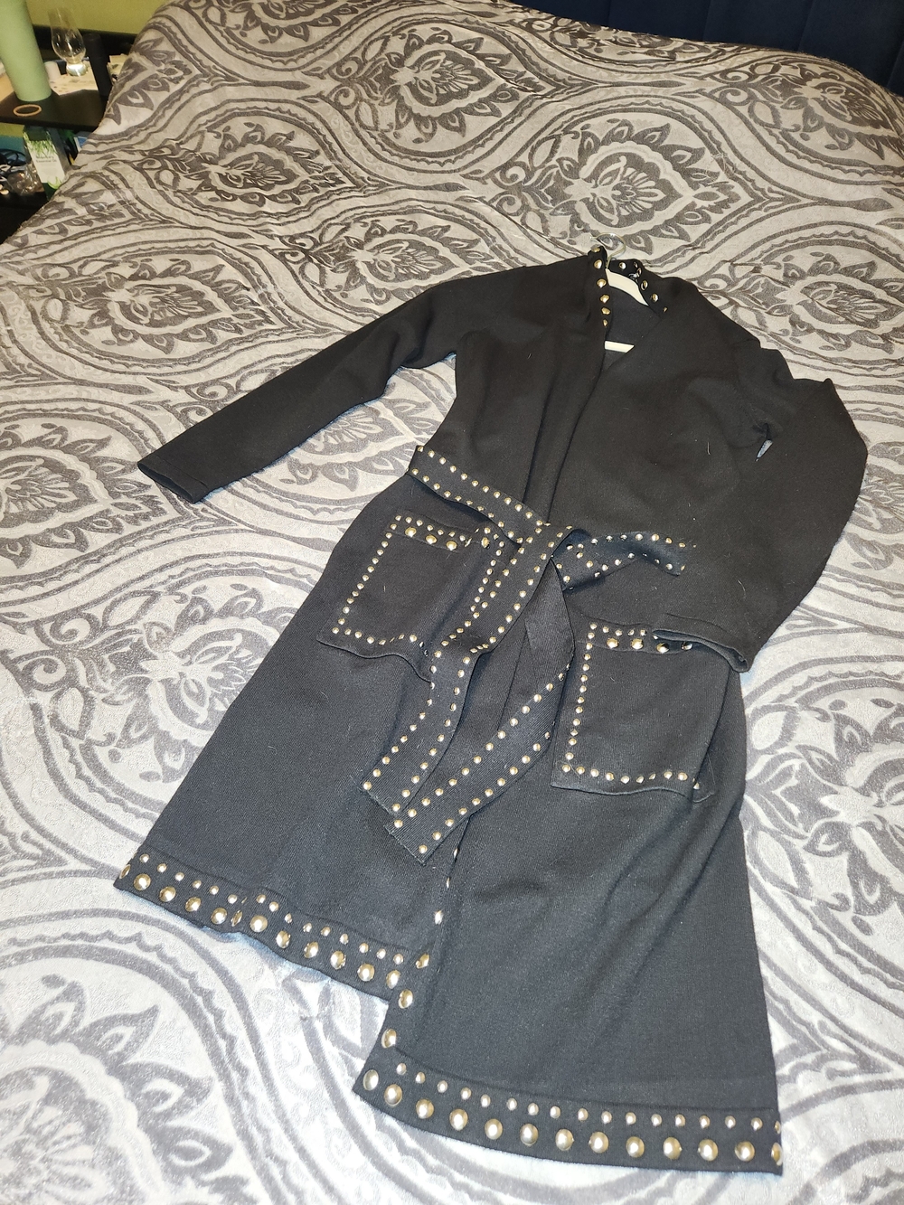 INC International Concepts Black Long-Sleeve Stud-Trim Belted Wrap